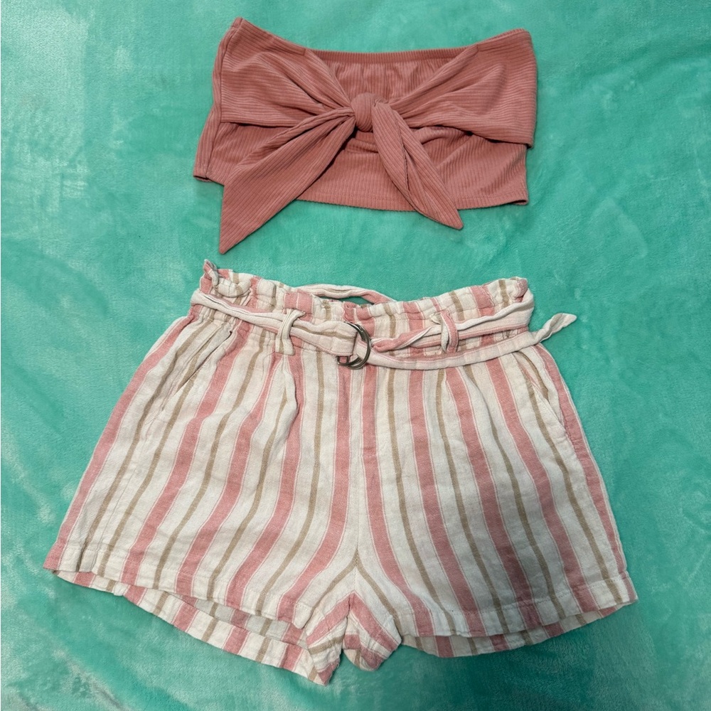 Striped Pink and White Paperbag Waist Women's Set